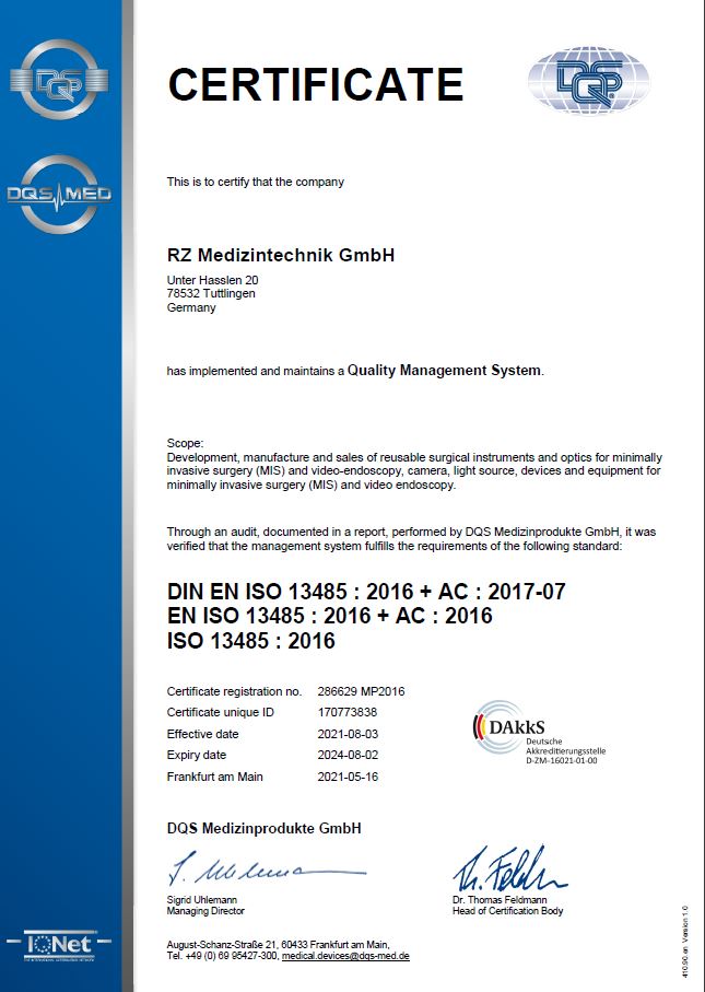 DIN EN ISO 13485 - Zertifikate / Dokumente