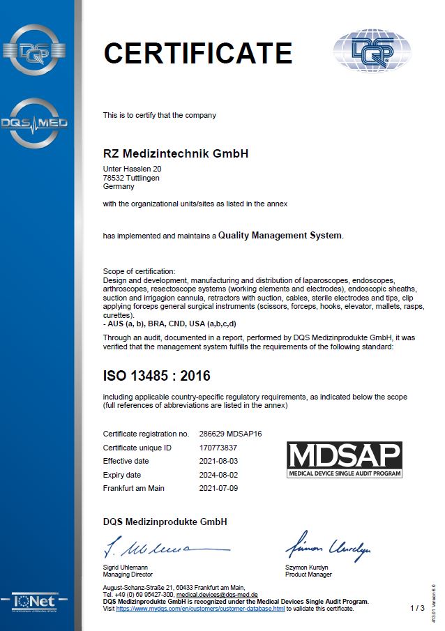 Certificate ISO 13485 : 2016 MDSAP - Zertifikate / Dokumente